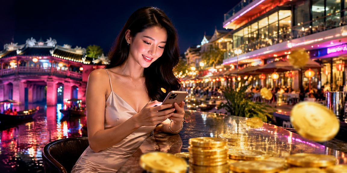 Màn hình slot game lung linh tại khu chợ đêm Hội An về đêm