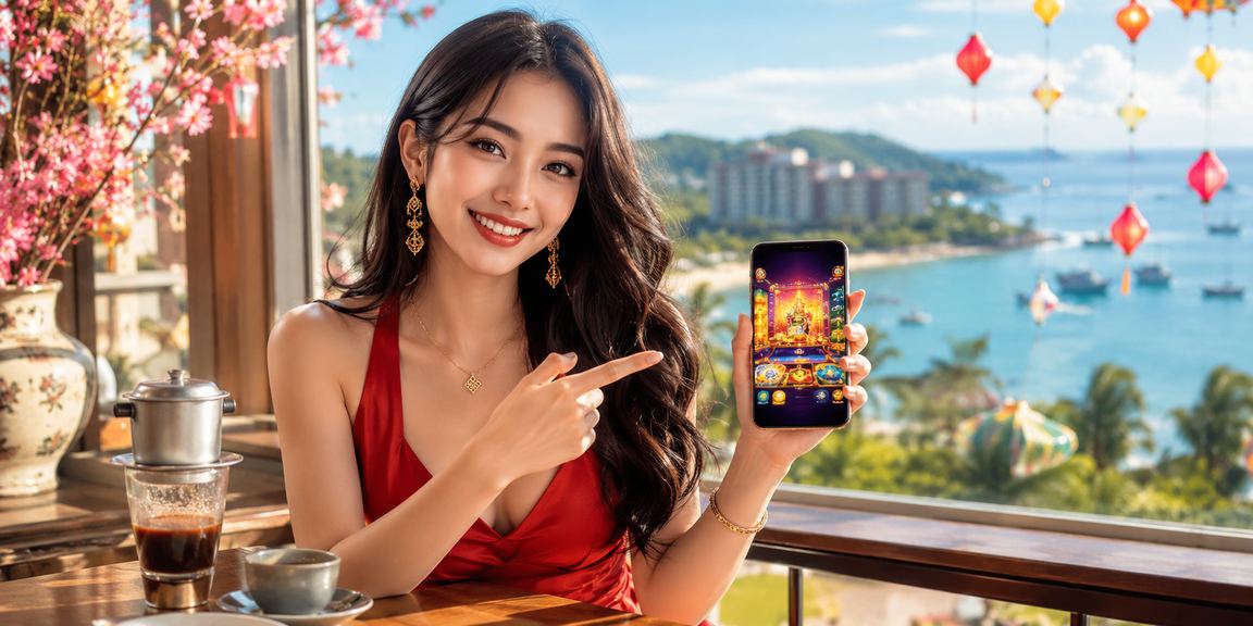 Người dùng tại Phú Quốc truy cập casino di động ricvip qua điện thoại bên ly cà phê